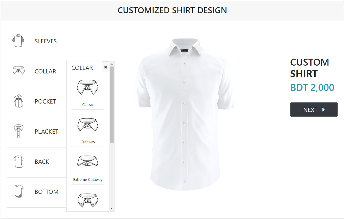 MI custom shirt design collar selection panel
