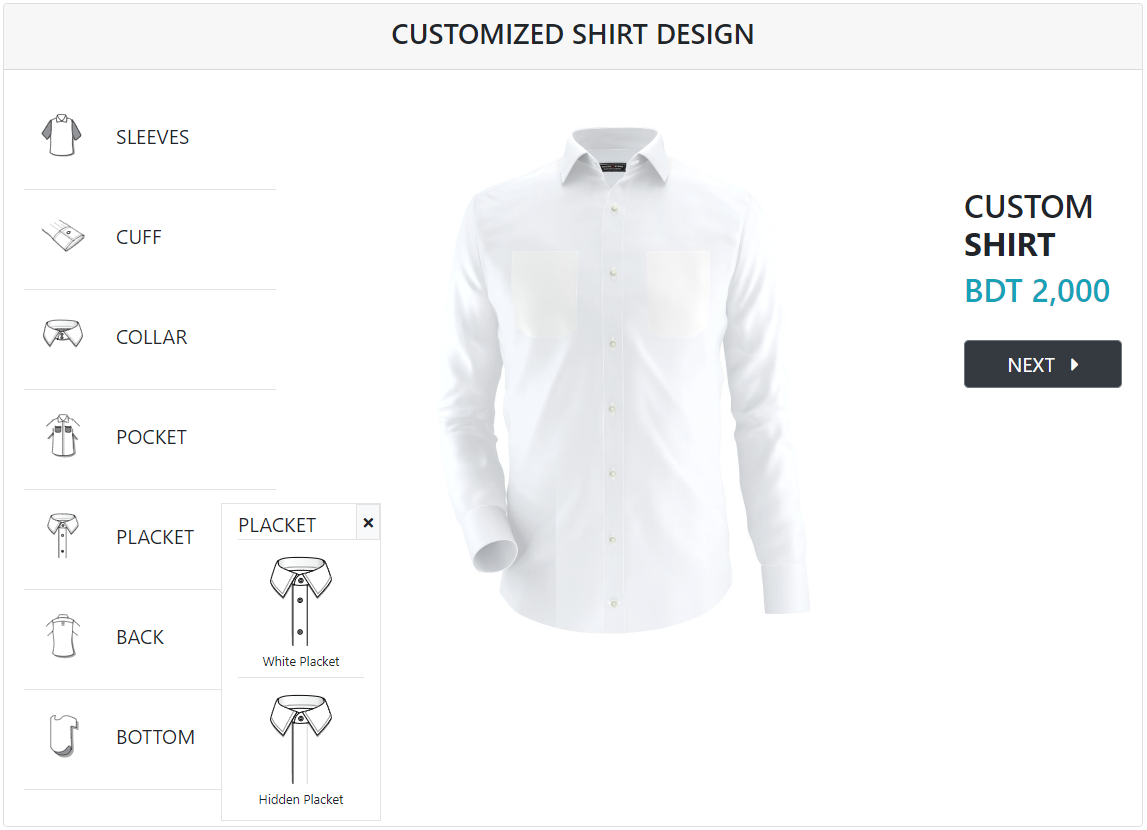 MI custom shirt design placket selection panel