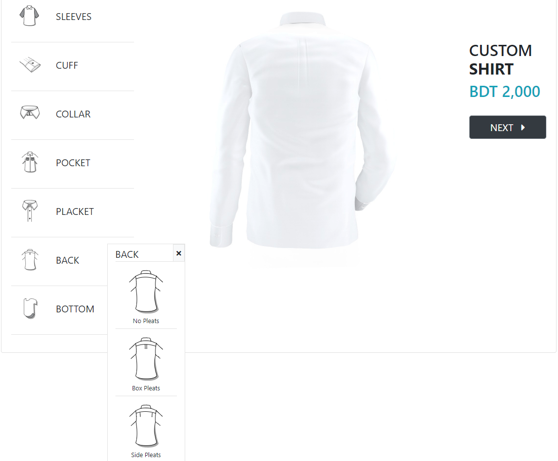 MI custom shirt design back selection panel